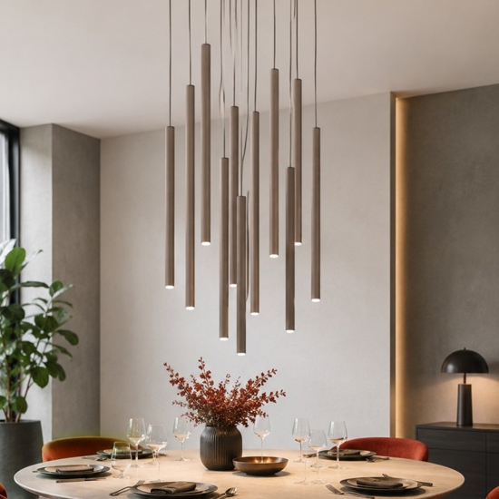 Lampadario marrone cilindri rigati a sospensione moderno per tavolo soggiorno