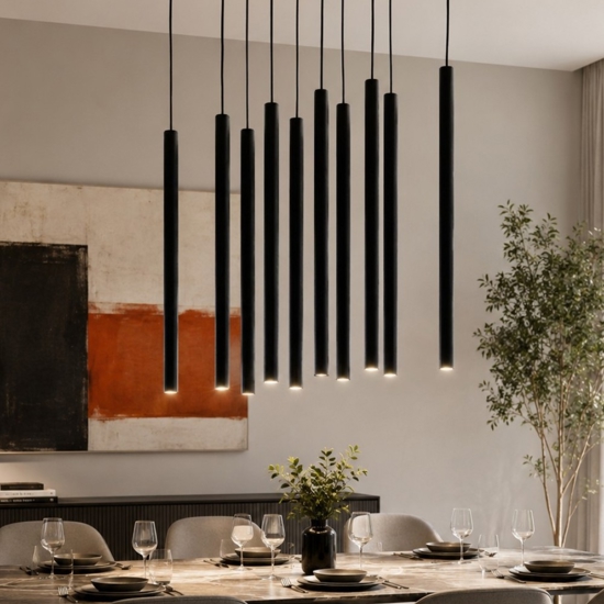 Lampadario cilindri rigati a sospensione nero per tavolo sala da pranzo moderna