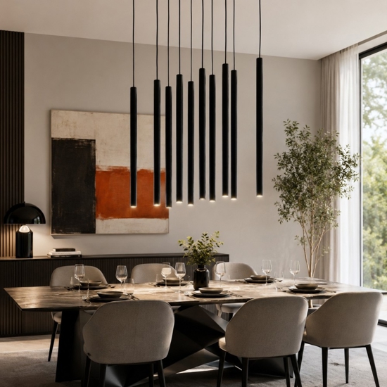 Lampadario cilindri rigati a sospensione nero per tavolo sala da pranzo moderna