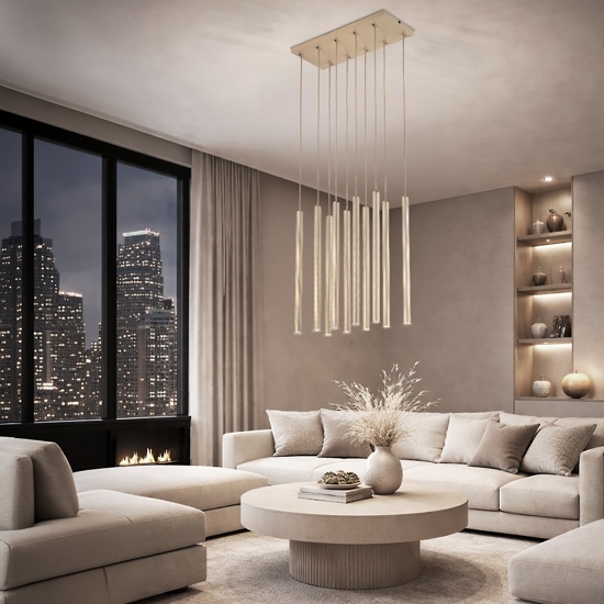 Lampadario moderno cilindri a sospensione bicolore sabbia champagne per soggiorno
