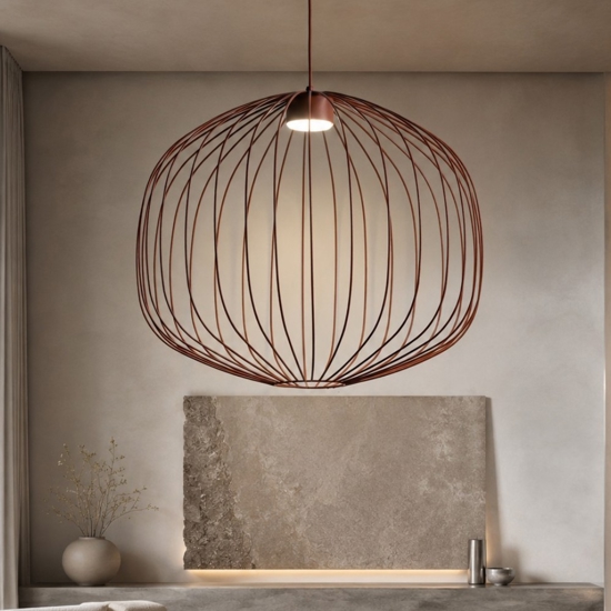 Lampadario a sospensione gabbia di metallo rosso mattone design moderno per soggiorno