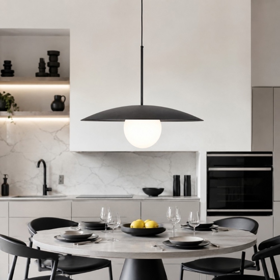 Lampadario disco nero in metallo 65 cm per cucina moderna sfera di vetro
