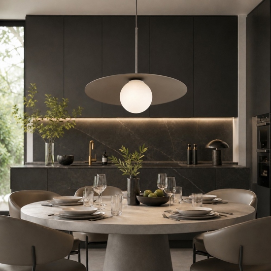 Lampadario per cucina moderna marrone 65 cm piatto di metallo sfera in vetro
