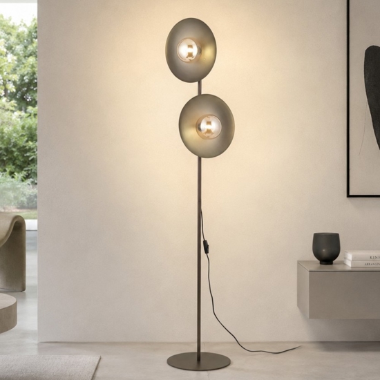 Piantana marrone design moderna 2 luci con sfere di vetro bianco