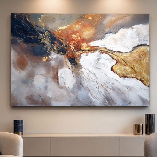 Quadro astratto moderno connessioni oro 80x120 cm dipinto su tela materico
