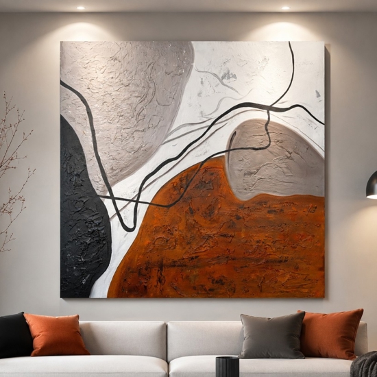 Quadro astratto moderno linea e materia 120x120 per salone