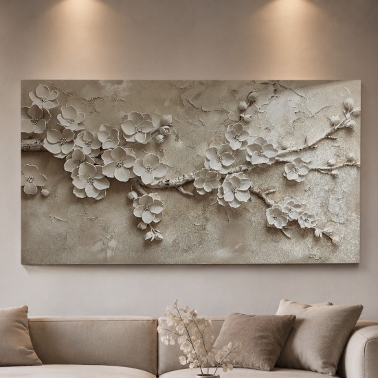 Quadro moderno fiori bianchi 77x143 dipinto su tela