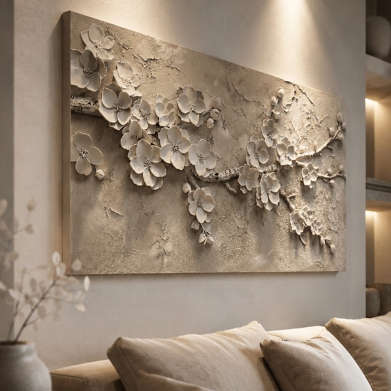 Quadro moderno fiori bianchi 77x143 dipinto su tela