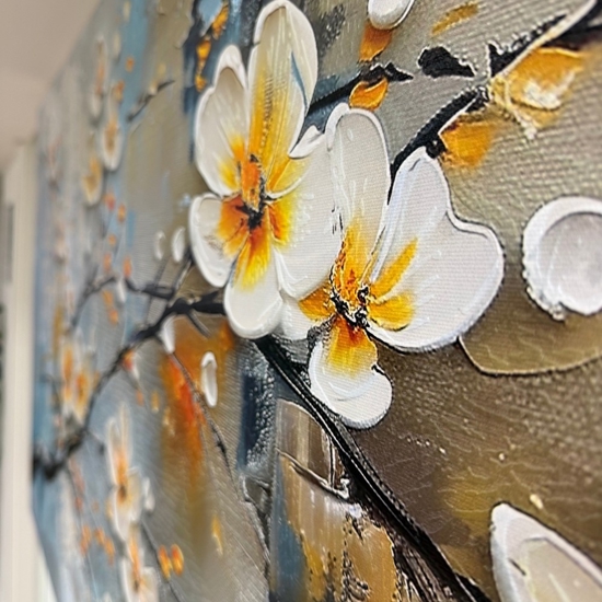 Quadro moderno fiori al tramonto 77x143 cm dipinto a rilievo