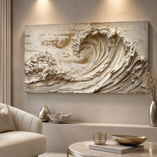 Quadro moderno stampa su tela onde beige 77x143