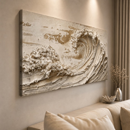 Quadro moderno stampa su tela onde beige 77x143