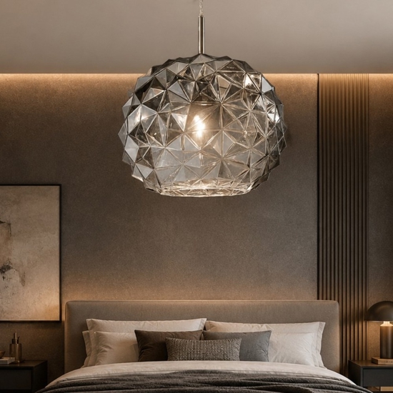 Lampadario da camera da letto meteora sfera di vetro fume specchiato perenz