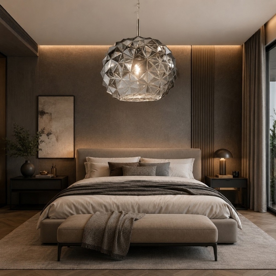 Lampadario da camera da letto meteora sfera di vetro fume specchiato perenz