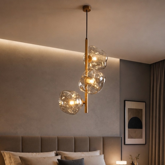 Lampadario per camera da letto verticale design moderno vetri cognac