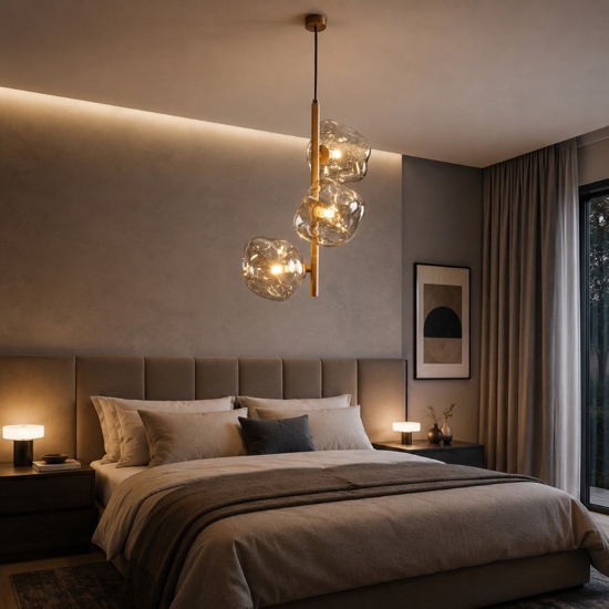 Lampadario per camera da letto verticale design moderno vetri cognac