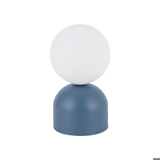 Lampada da comodino azzurro moderna sfera di vetro bianca