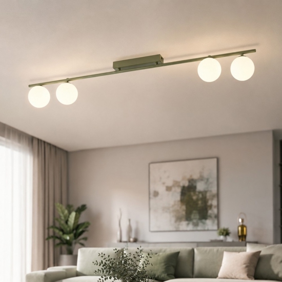 Plafoniera a binario 141 cm verde oliva con sfere in vetro per soggiorno moderno