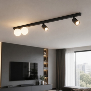 Plafoniera 115 cm nera con faretti orientabili e sfere in vetro moderna