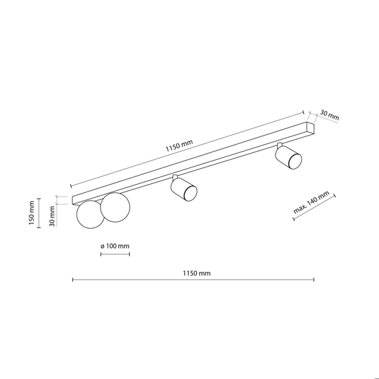 Plafoniera 115 cm nera con faretti orientabili e sfere in vetro moderna