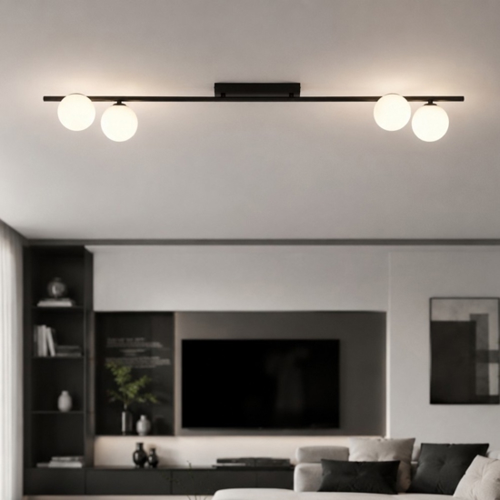 Plafoniera moderna da soffitto barra 141 cm nera con sfere di vetro per soggiorno