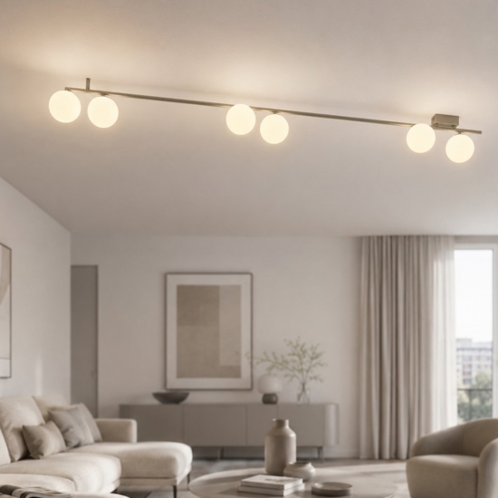 Plafoniera lunga 200 cm verde oliva con sfere di vetro per soggiorno moderno