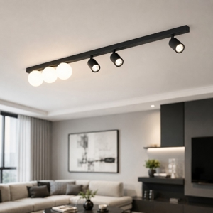 Plafoniera binario 159cm nero con faretti orientabili sfere vetro fp