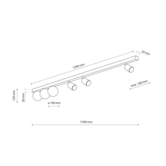 Plafoniera binario 159cm nero con faretti orientabili sfere vetro fp