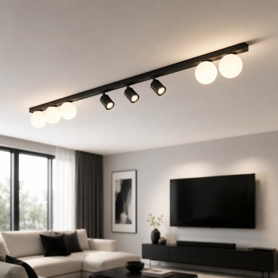 Plafoniera binario 180cm con faretti orientabili nera per cucina moderna