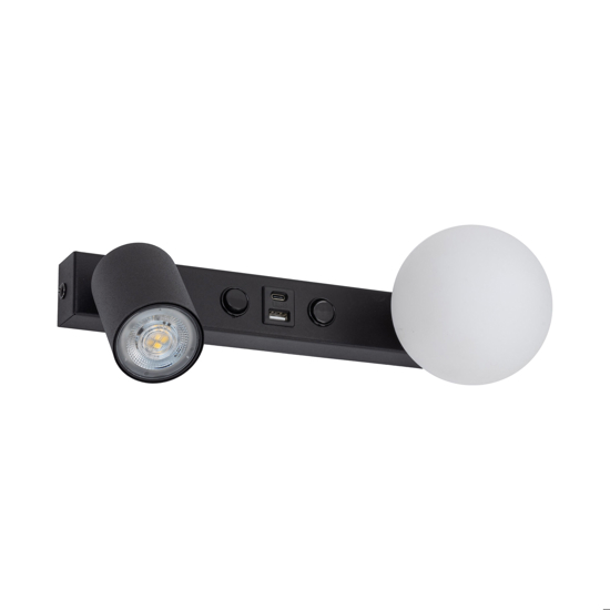Applique nero per comodini camera da letto con faretto sfera di vetro presa usb