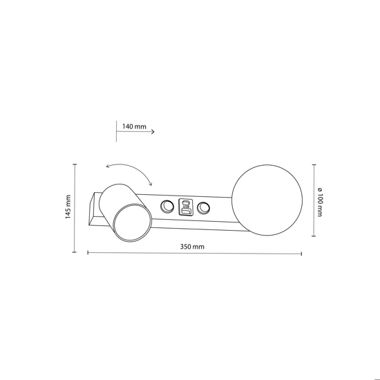 Applique nero per comodini camera da letto con faretto sfera di vetro presa usb
