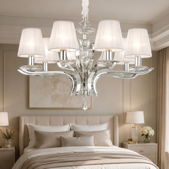 Pegaso sp8 lampadario per camera da letto 8 bracci con paralumi in organza ideal lux