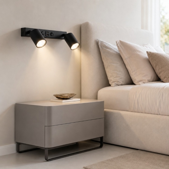 Applique multifunzione con interruttori presa usb nero per comodini camera da letto