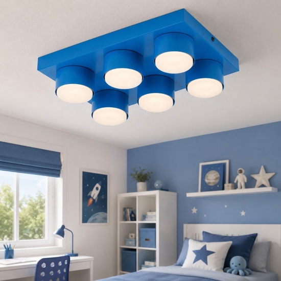 Plafoniera mattoncini 6 luci blu rettangolare moderna per cameretta