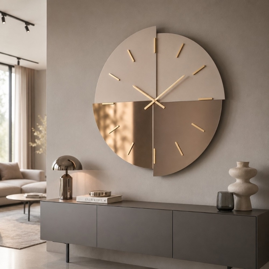 Orologio da parete 80 cm vetro bronzo specchio e satinato legno nocciola design moderno