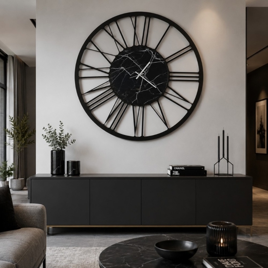 Orologio da parete moderno rotondo nero effetto marmo 90cm