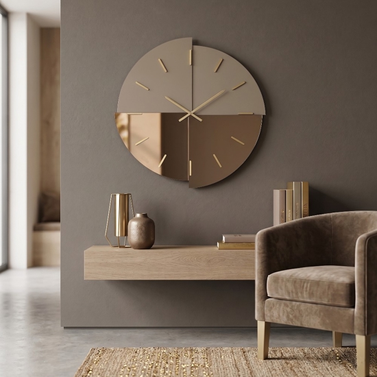 Orologio da parete 80 cm vetro bronzo specchio e satinato legno nocciola design moderno
