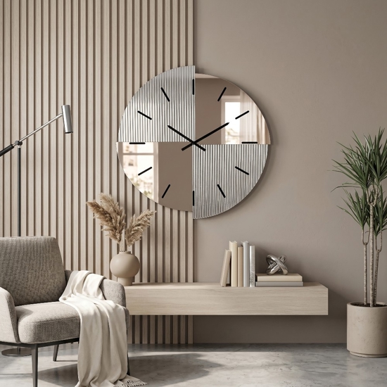 Orologio da parete design moderno 60 cm specchio cannettato e rosa
