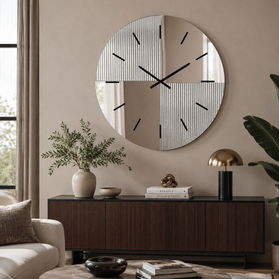 Orologio da parete per soggiorno moderno 80 cm specchio cannettato e rosa