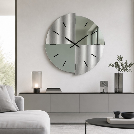 Orologio grande 100 cm da parete design moderno specchio cannettato e verde per salone