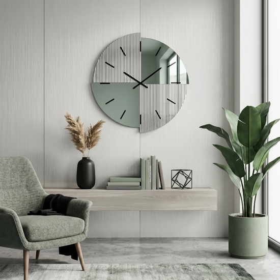 Orologio grande 100 cm da parete design moderno specchio cannettato e verde per salone
