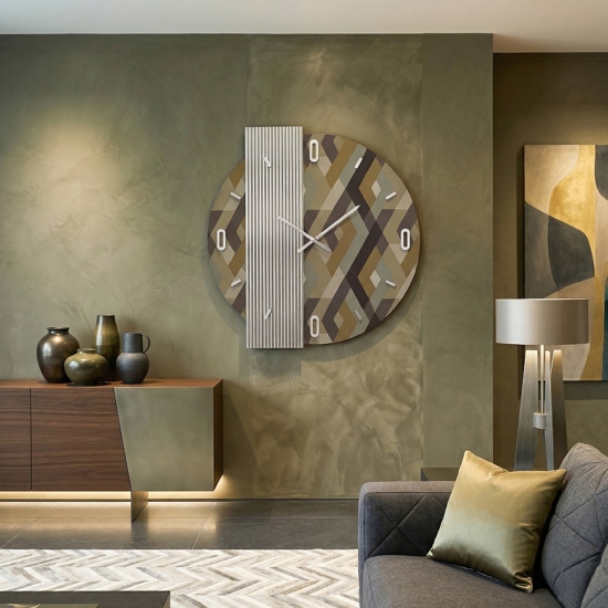 Grande orologio 100 cm da parete con carta da parati specchio cannettato design moderno