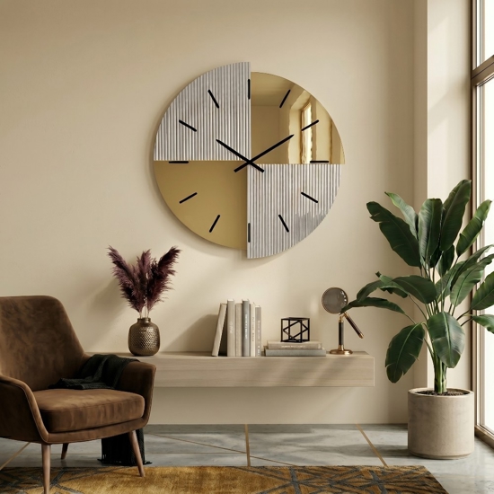 Orologio da parete grande 100 cm specchio cannettato e oro design moderno