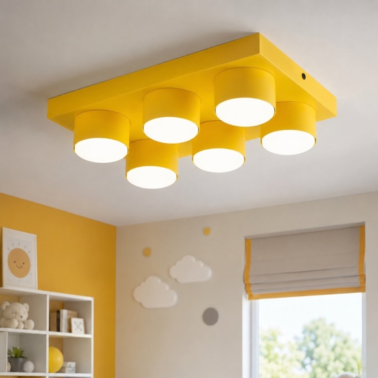Plafoniera per cameretta bambini mattoncino giallo 6 luci moderna