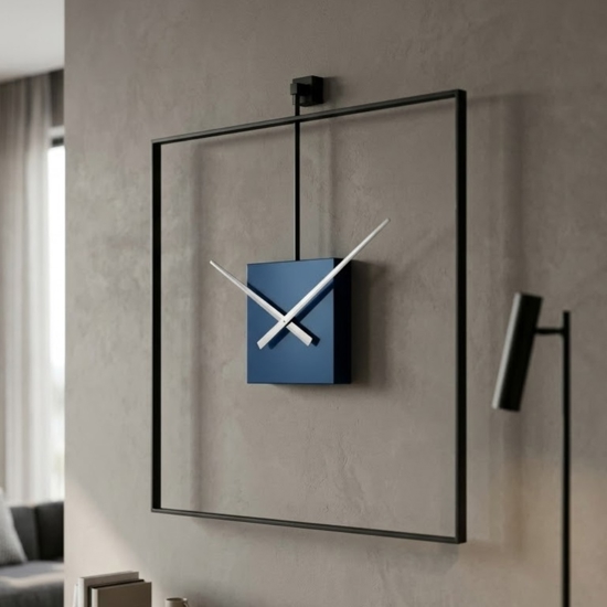 Orologio quadrato da parete moderno nero quadrante blu 60x60 cm