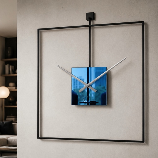 Grande orologio quadrato da parete moderno nero e effetto specchio blu 100x100