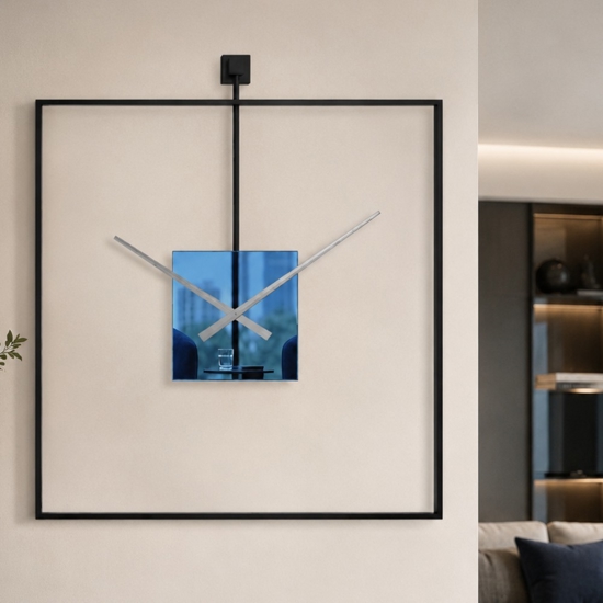 Orologio quadrato da parete moderno nero quadrante effetto specchio blu 60x60 cm