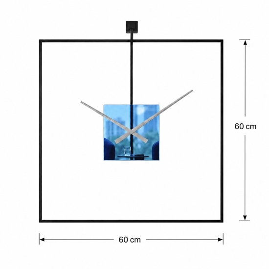 Orologio quadrato da parete moderno nero quadrante effetto specchio blu 60x60 cm