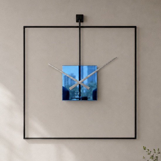 Grande orologio moderno da parete quadrato nero effetto specchio blu 80x80cm