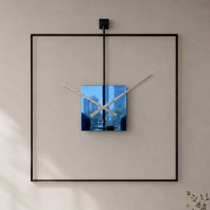 Grande orologio moderno da parete quadrato nero effetto specchio blu 80x80cm