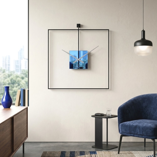 Grande orologio moderno da parete quadrato nero effetto specchio blu 80x80cm
